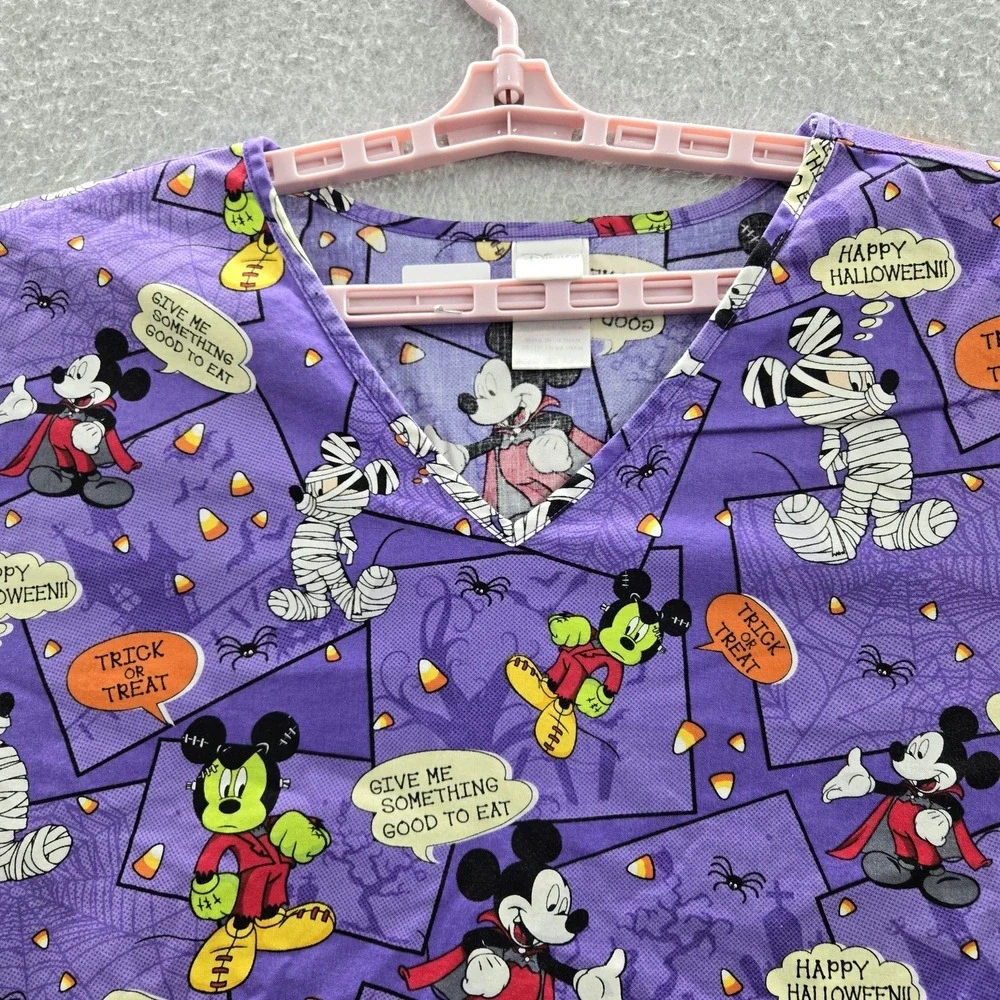 Disney Women Scrub Top‎ 2X Purple Graphic Print Mickey Mouse Halloween Logo